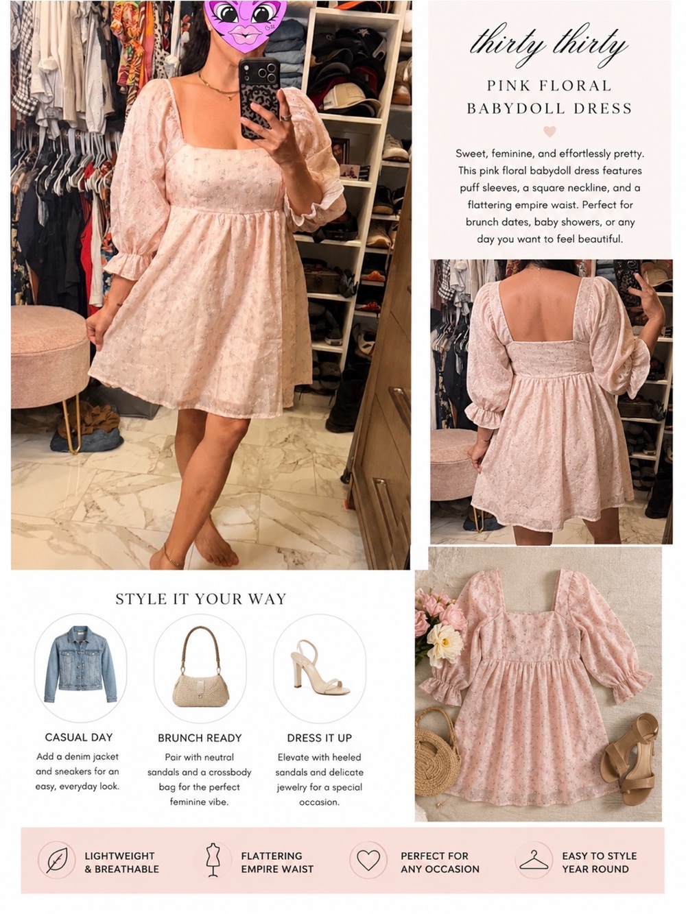 Thirty Thirty Light Pink Baby Doll Dress w/ Square Neck and Puff Sleeves